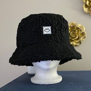 Black Fuzzy Bucket Hat with Smiley Patch